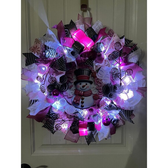 Handmade Bright Top Hat Snowman Holiday Ribbon Door Wreath 22 ins W68 Pink Black - Picture 11 of 12